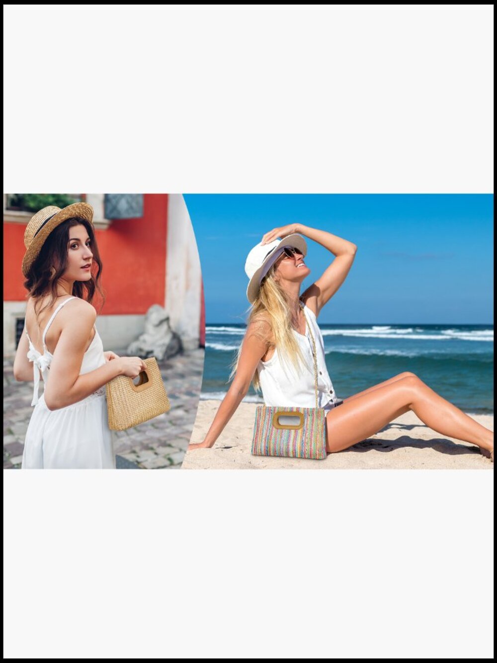 Straw Clutch Handbag with Gold Chain, Detachable Crossbody Shoulder Strap - Picture 7 of 7